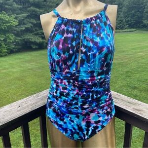 Magicsuit swimsuit one piece KAT keyhole high neck slimming shirred blue 12